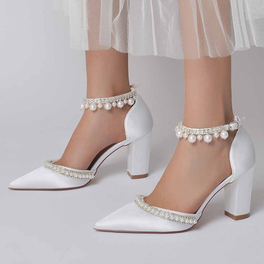 Elegant pearl embellished satin high heels with block heels and ankle strap detail