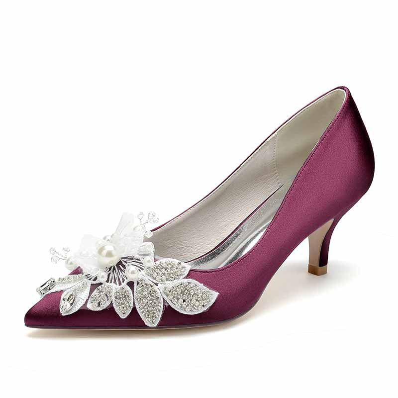 pearl embellished wedding shoes in purple with floral decoration and pointed toe design