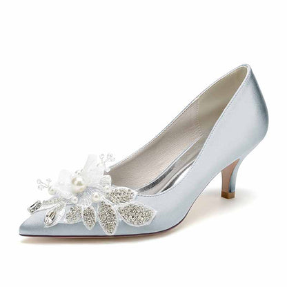 pearl embellished wedding shoes in light blue with a stylish pointed toe design