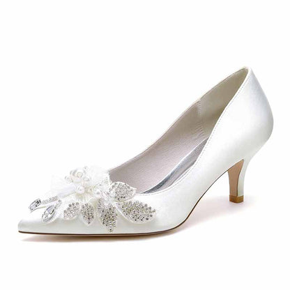 pearl embellished wedding shoes with elegant floral design and satin finish