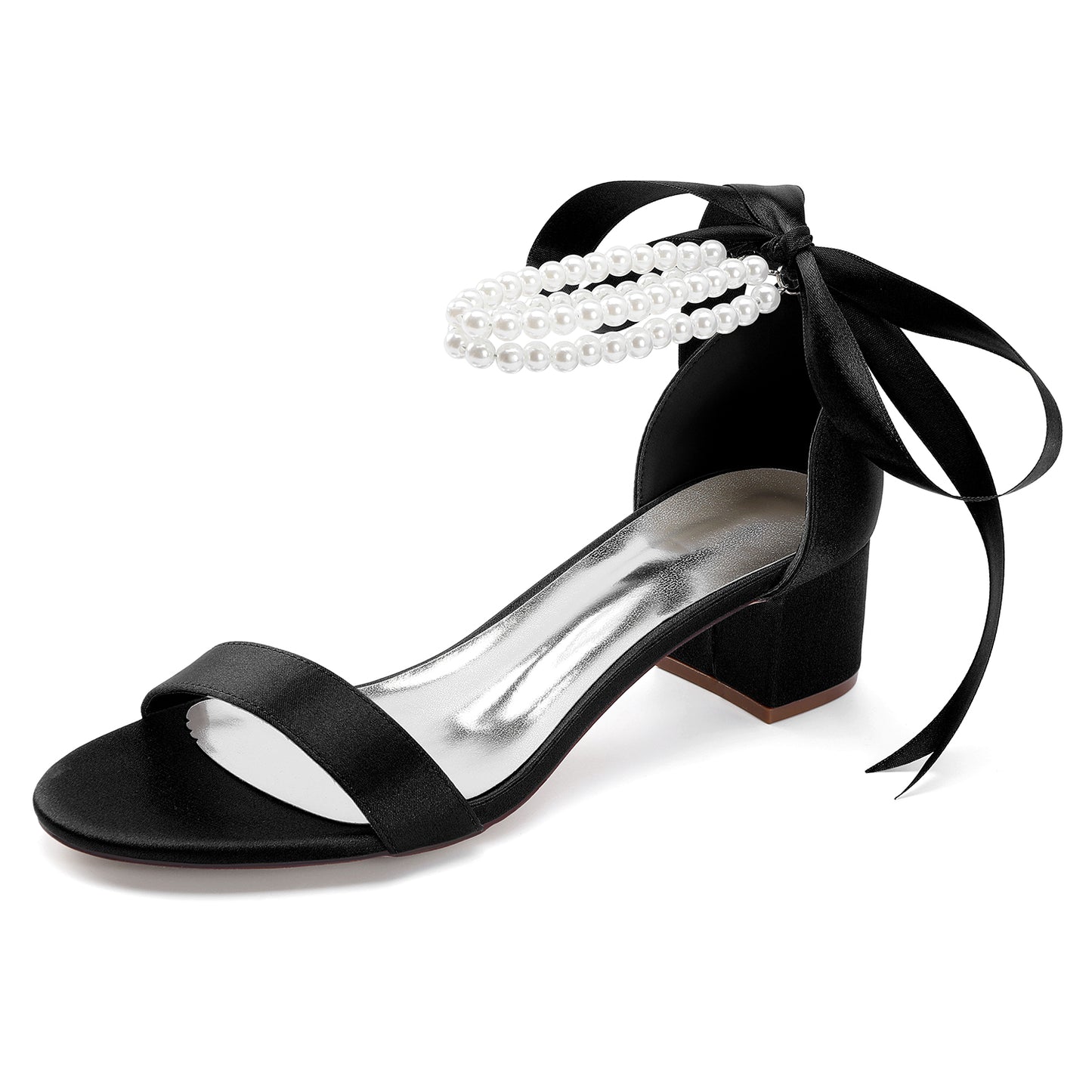 Elegant pearl lace-up bridal sandals in black satin with a block heel and pearl detailing