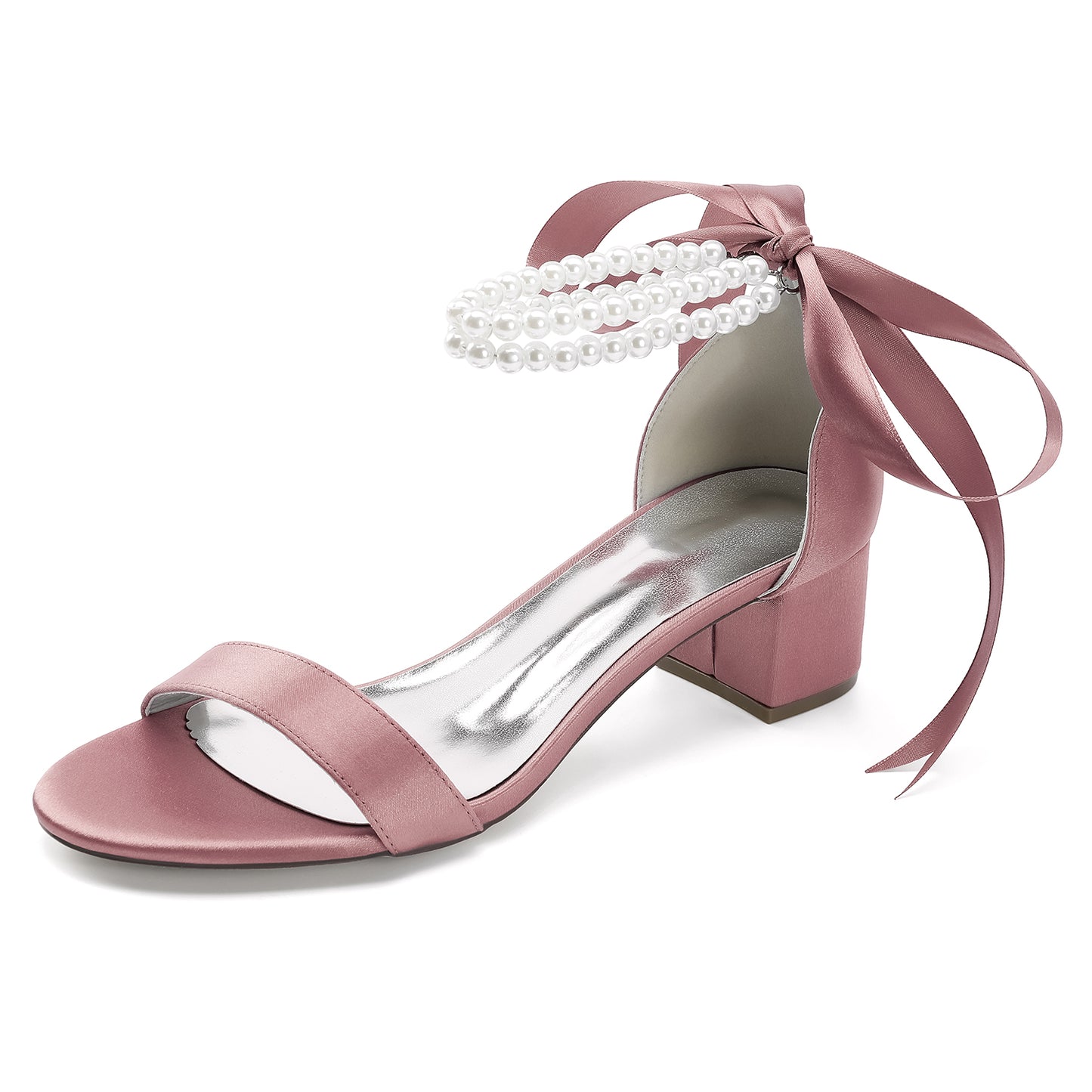 Pearl lace-up bridal sandals in pink satin with a block heel and bow detail