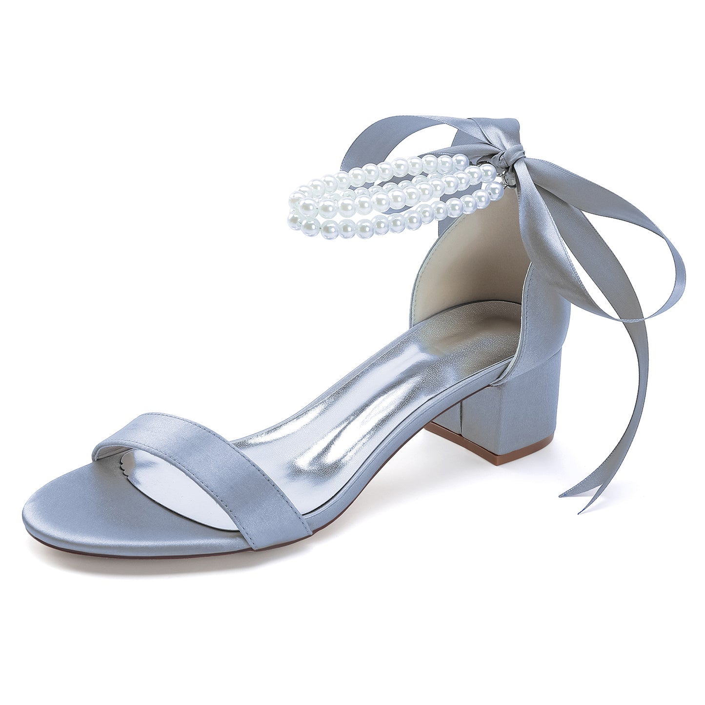 Elegant pearl lace-up bridal sandals in blue with a versatile block heel and stylish bow detail