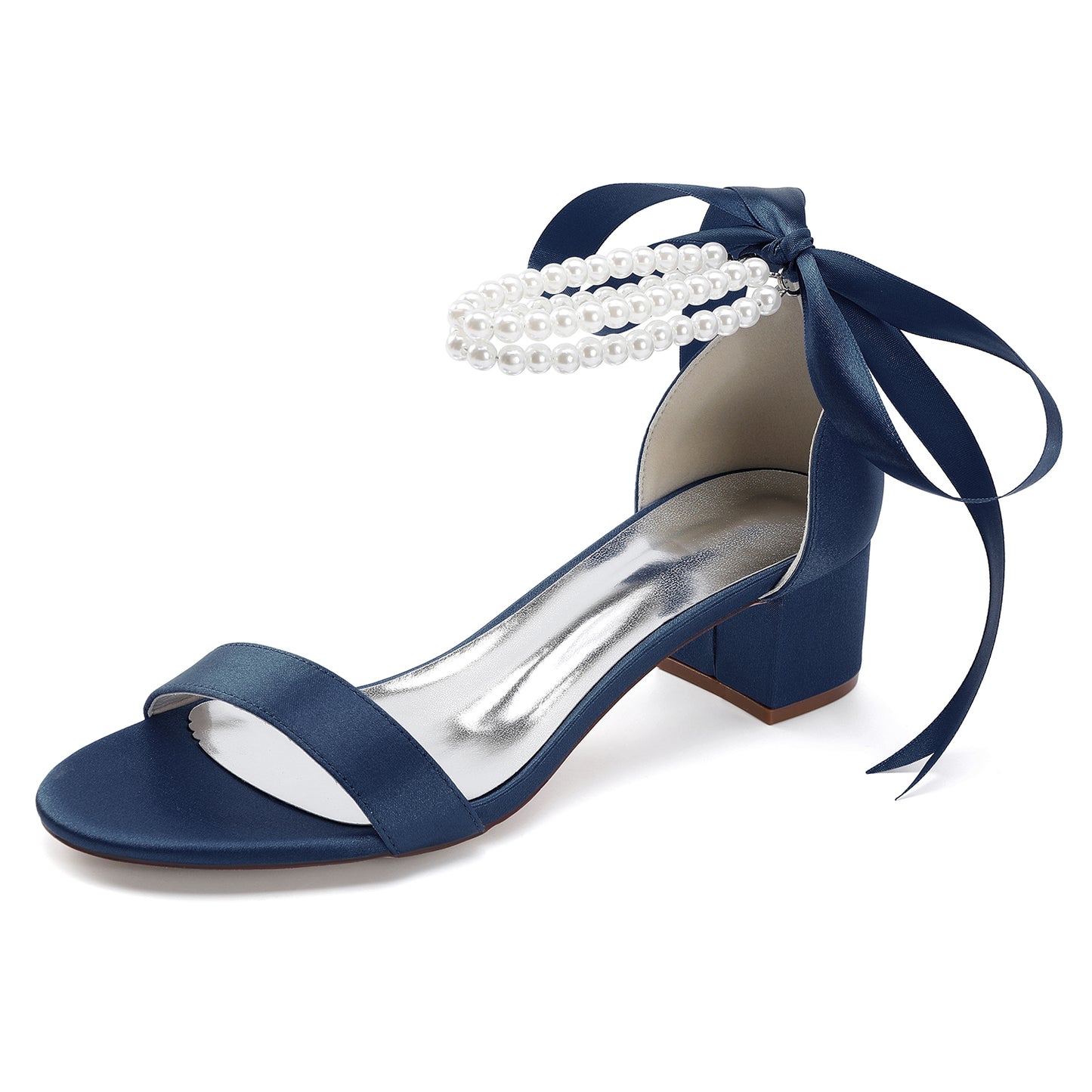 Navy pearl lace-up bridal sandals with a block heel and elegant ribbon ties for weddings