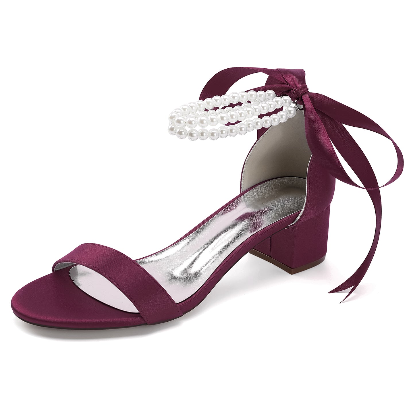 Elegant pearl lace-up bridal sandals in burgundy with a block heel and satin finish