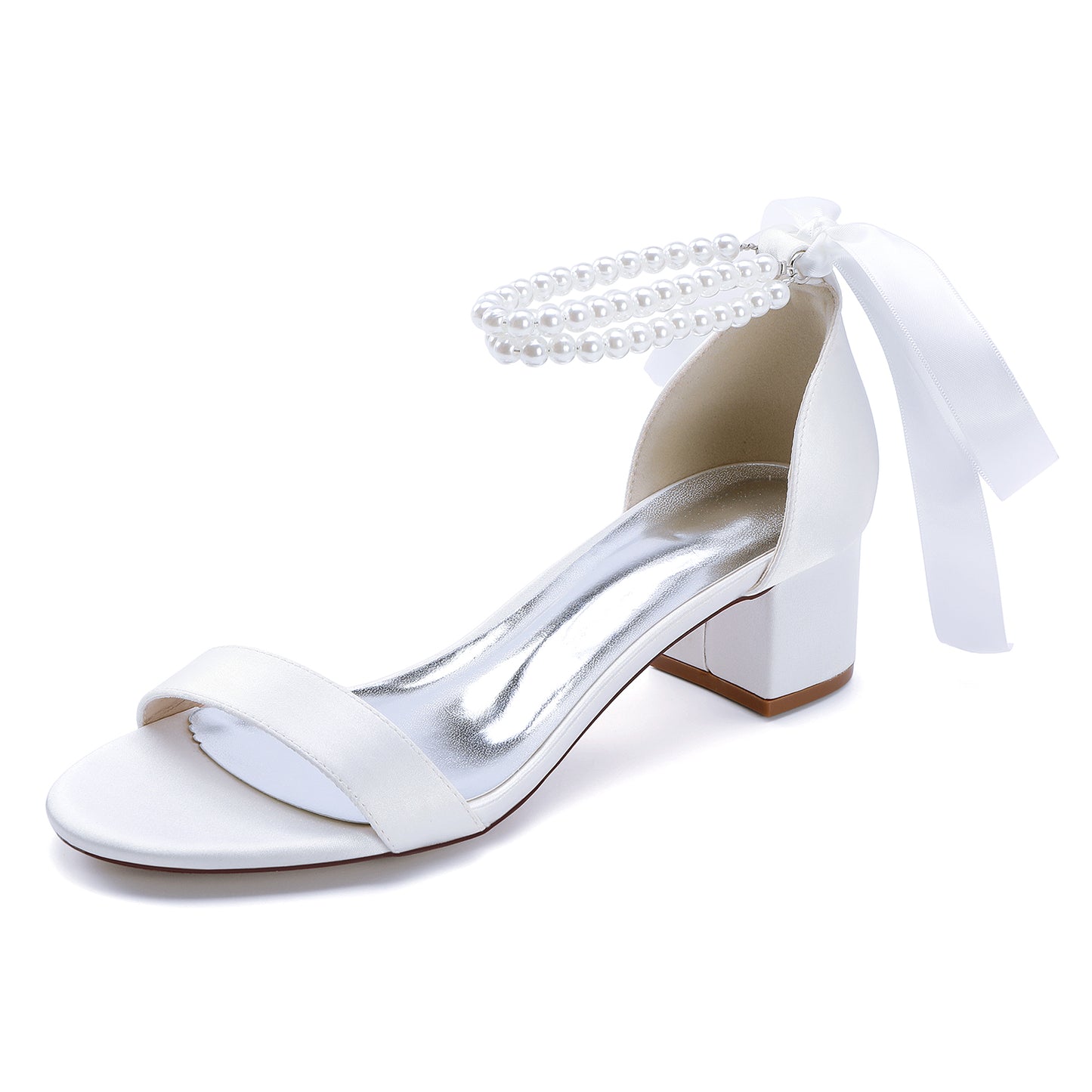 Elegant pearl lace-up bridal sandals with a block heel and satin ribbon for weddings