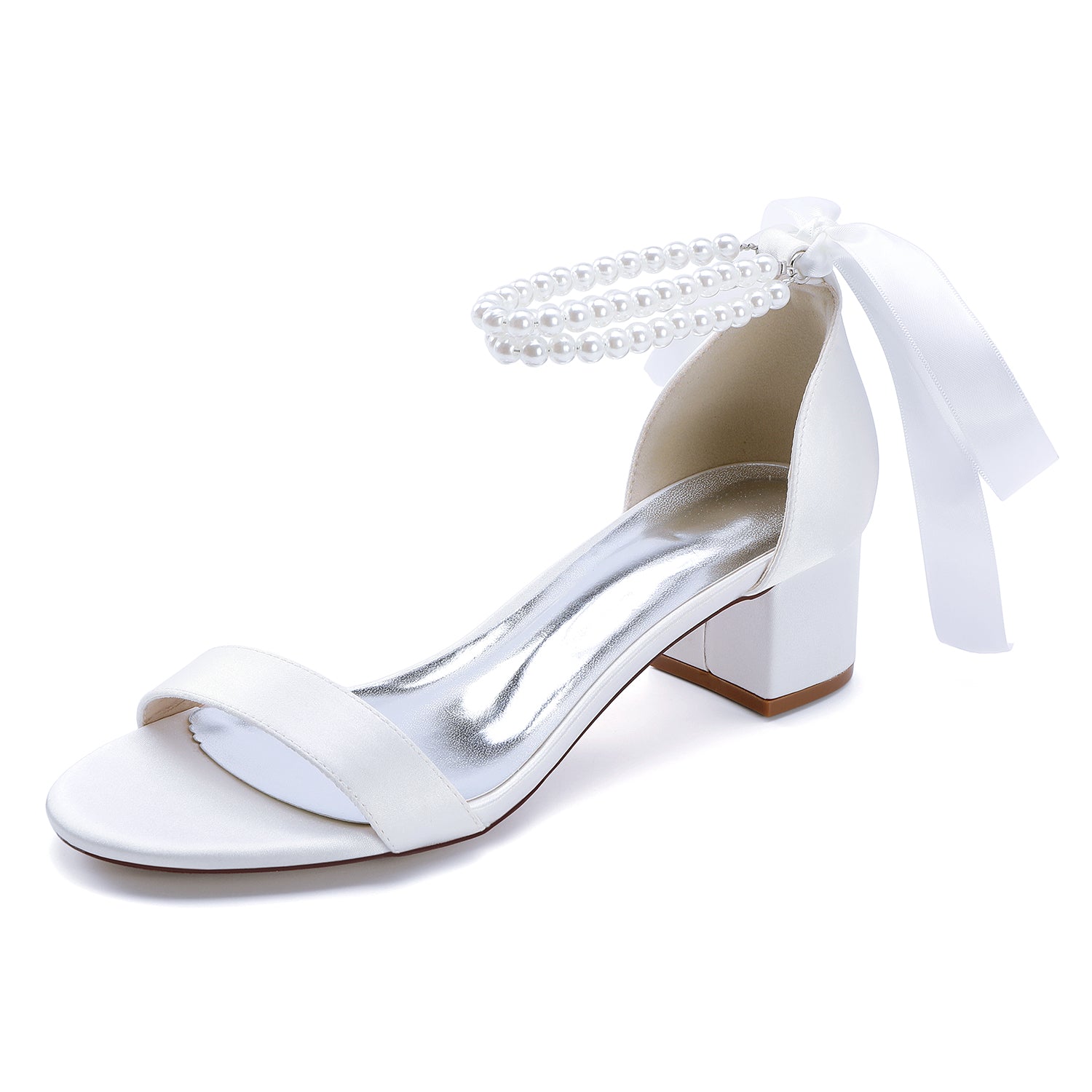 Elegant pearl lace-up bridal sandals with a block heel and satin ribbon for weddings