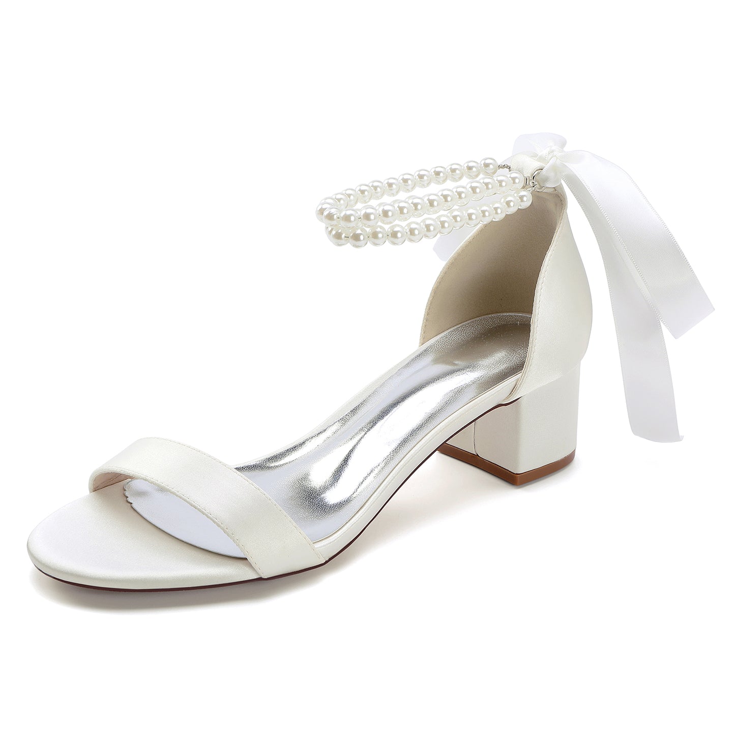 Elegant pearl lace-up bridal sandals with block heel and satin ribbon for a chic wedding look