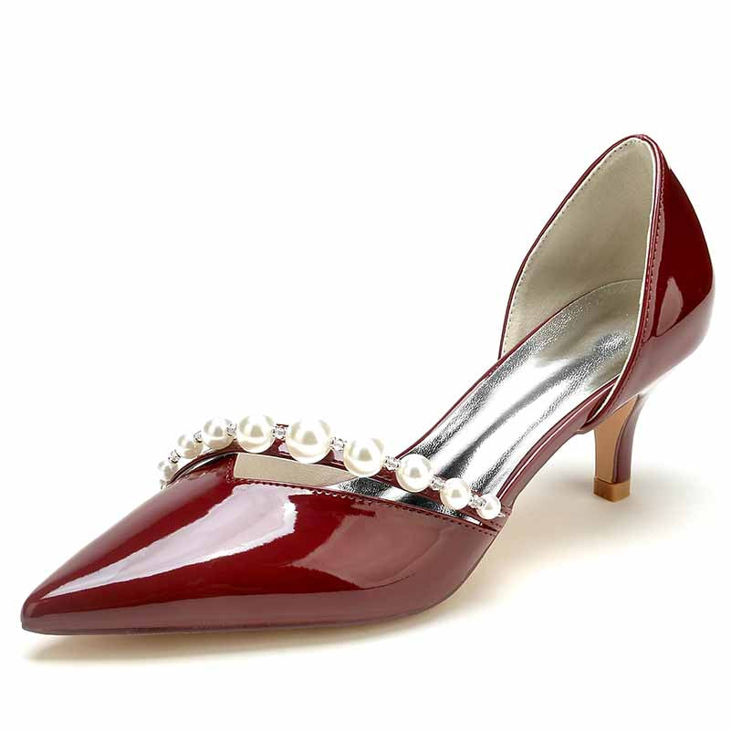 Elegant red heels with pearl strap, stylish pumps perfect for formal occasions
