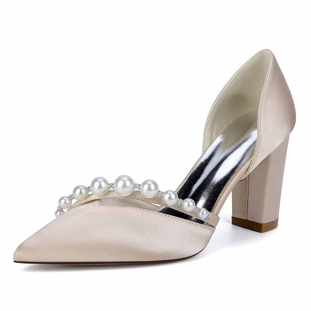 Elegant pearl strap wedding shoes by S&DCo. with chic block heels and a pointed toe design