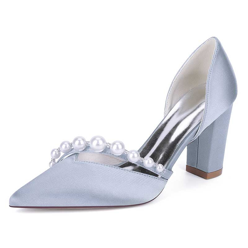 Elegant blue heels with a pearl strap, perfect as pearl strap wedding shoes for brides or special occasions