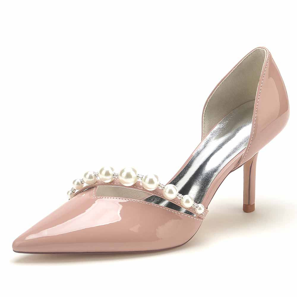 Pink pearl wedding heels for brides with elegant pearl embellishments and a pointed toe design