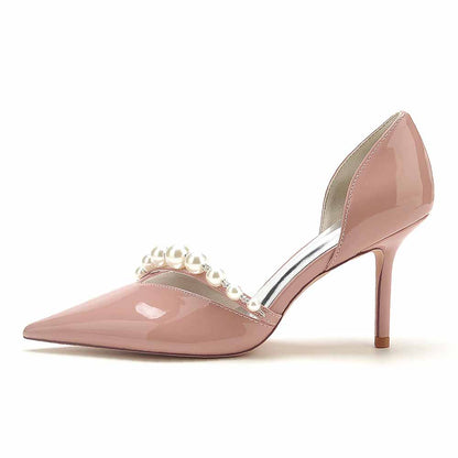 Elegant pearl wedding heels for brides in blush pink with pointed toe design