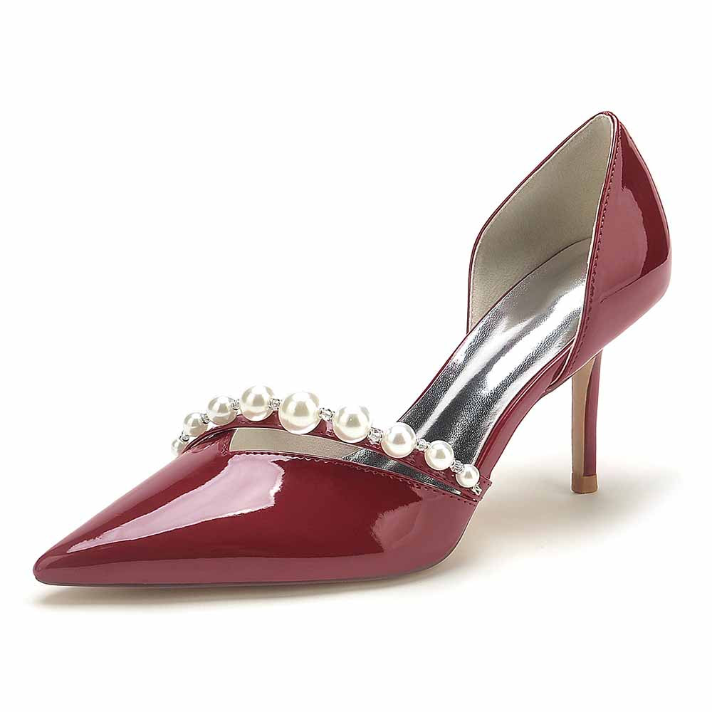 Elegant red patent leather heels with pearl detailing, perfect pearl wedding heels for brides