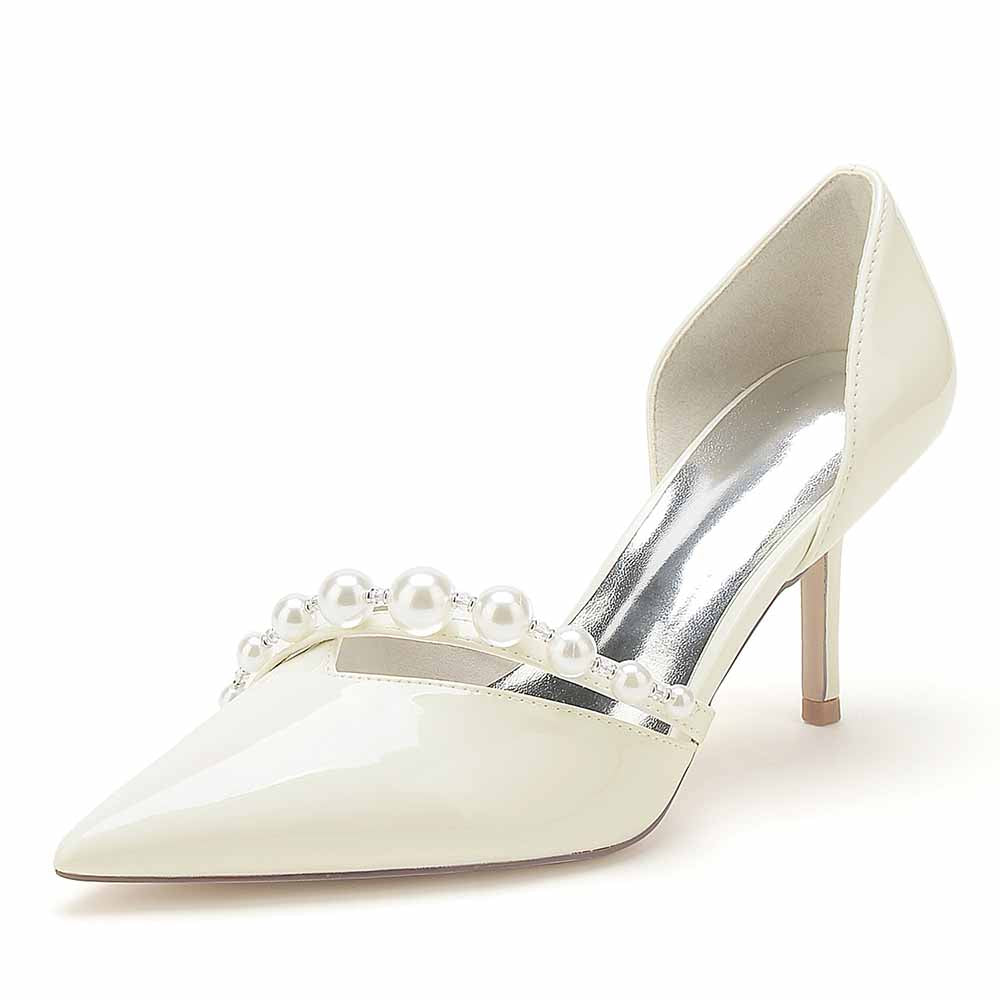 Elegant ivory pearl wedding heels for brides with a pointed toe and pearl embellishments