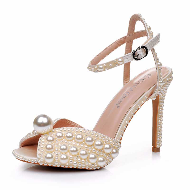 4.13" Heeled Wedding Sandals Vintage Peep Toe Bridal Shoes