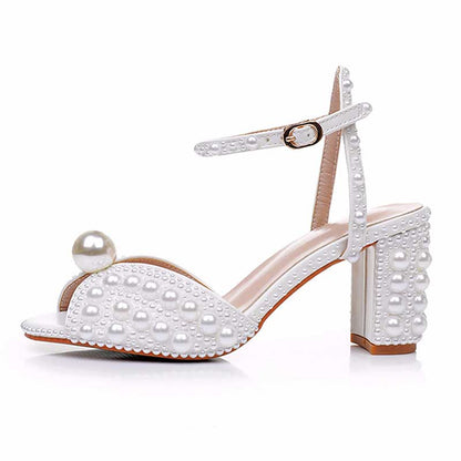 2.96" Chunky Wedding Sandals Vintage Peep Toe Block Heeled Bridal Shoes