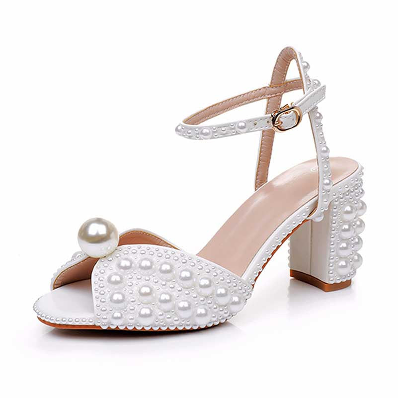 2.96" Chunky Wedding Sandals Vintage Peep Toe Block Heeled Bridal Shoes