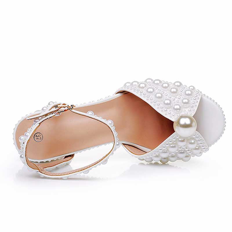 2.96" Chunky Wedding Sandals Vintage Peep Toe Block Heeled Bridal Shoes