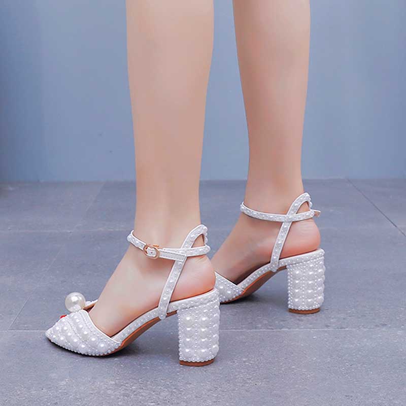 2.96" Chunky Wedding Sandals Vintage Peep Toe Block Heeled Bridal Shoes