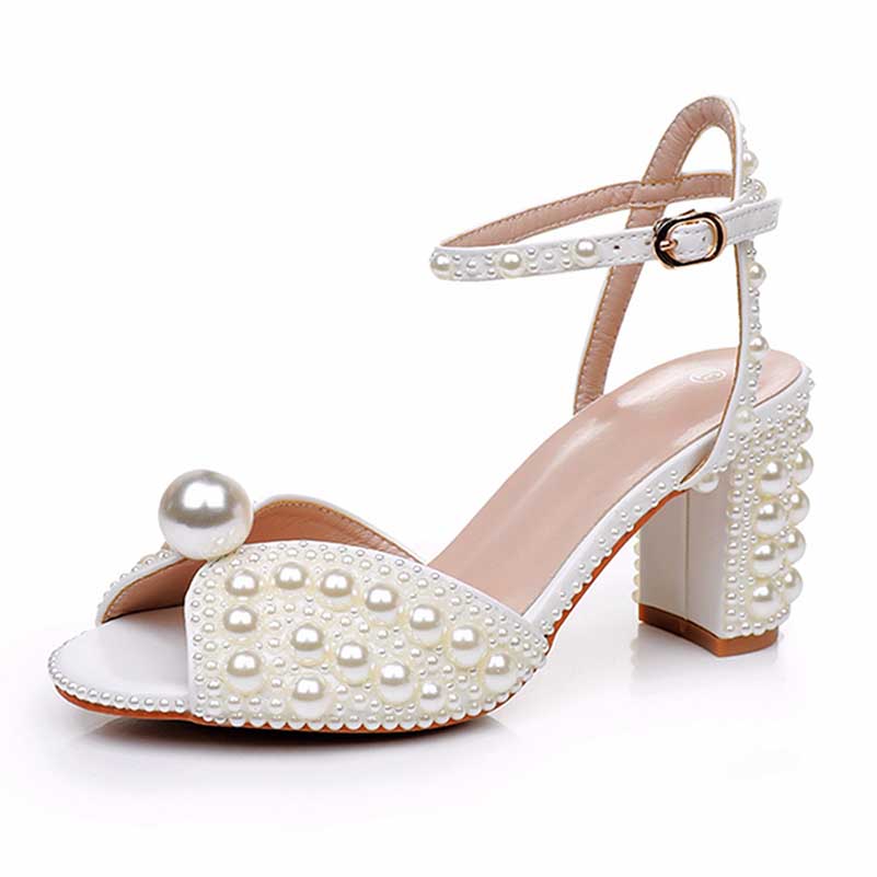 2.96" Chunky Wedding Sandals Vintage Peep Toe Block Heeled Bridal Shoes