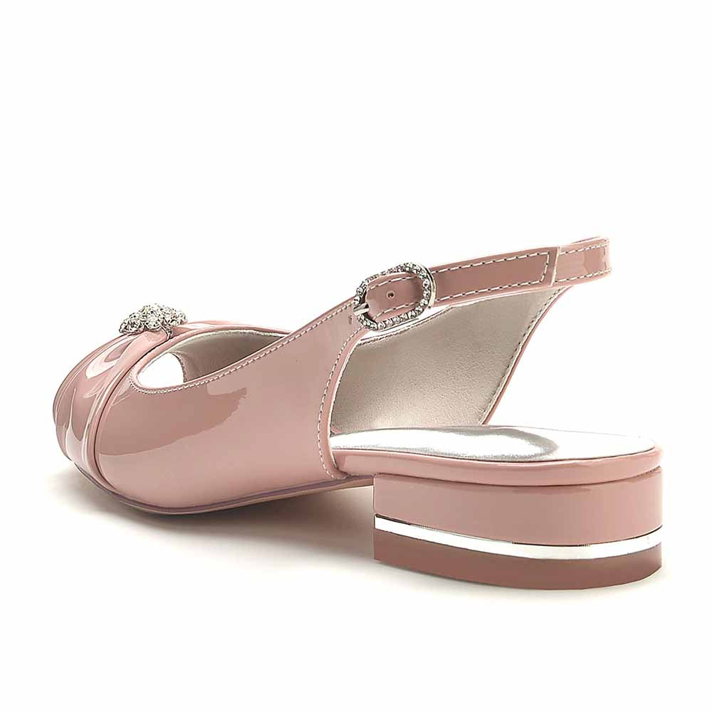 S&DCo. Peep toe patent leather party flats in blush with glam embellishment and a low heel