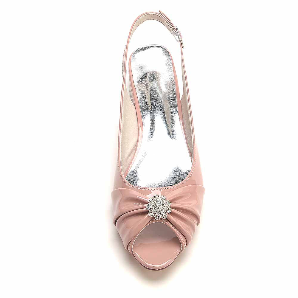 S&DCo. peep toe patent leather party flats in soft pink with a decorative bow and embellishment