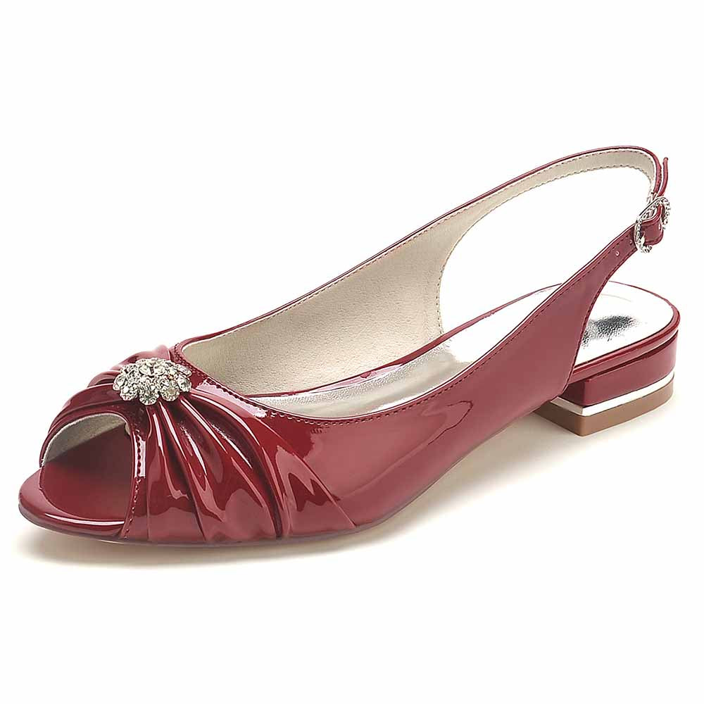 S&DCo. Peep toe patent leather party flats in red with decorative embellishment for stylish events