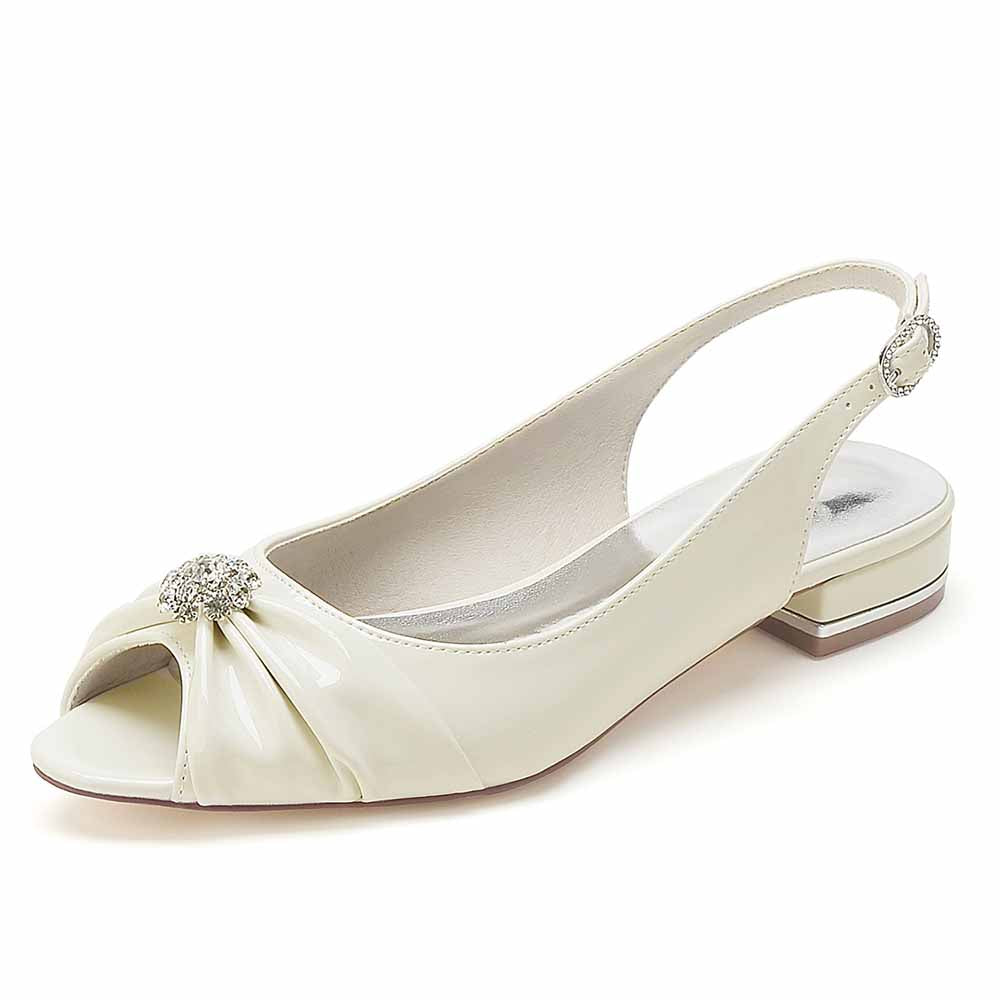 Elegantly designed peep toe patent leather party flats by S&DCo with jeweled detail