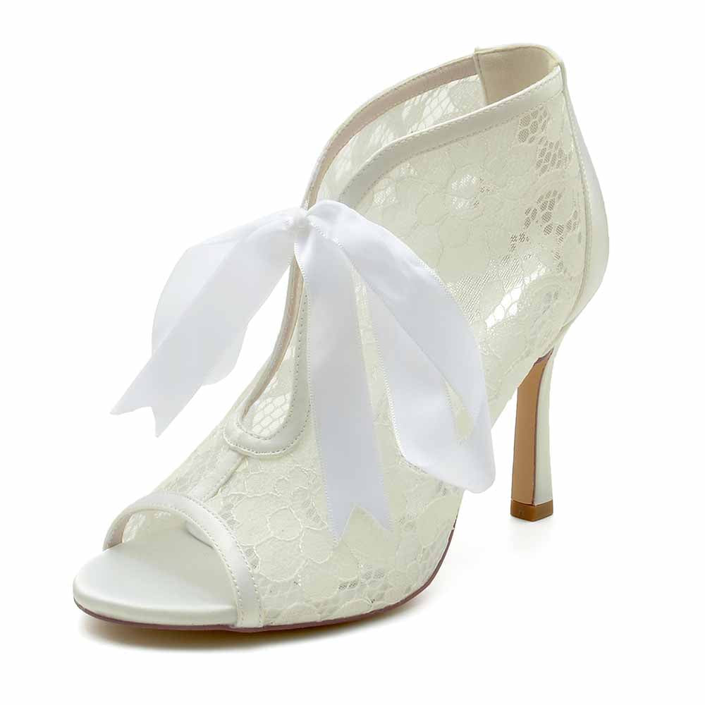 Elegant lace ribbon wedding shoes for bride with peep-toe design and delicate white bows