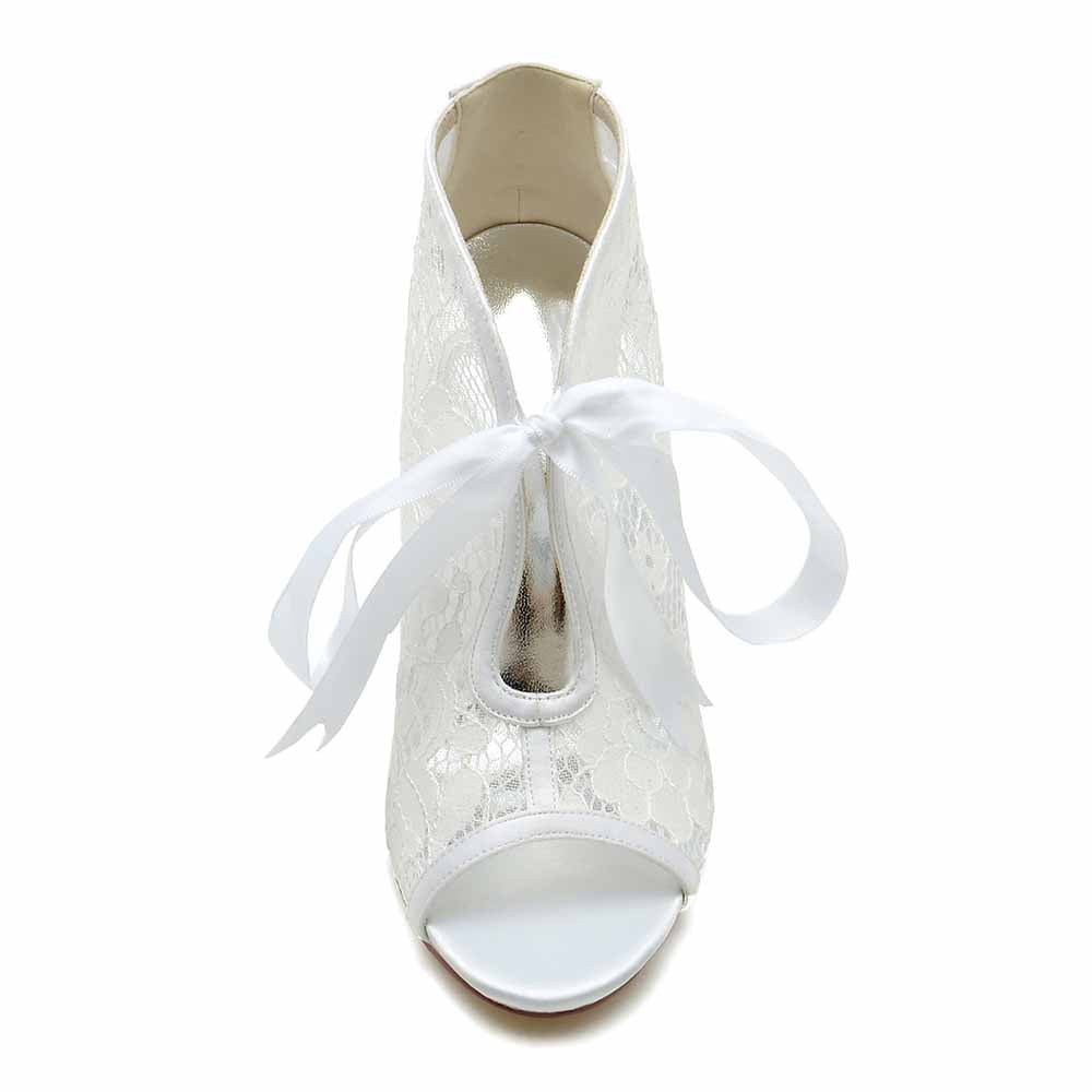 Elegant white lace ribbon wedding shoes for bride featuring an open toe and stylish bow detail