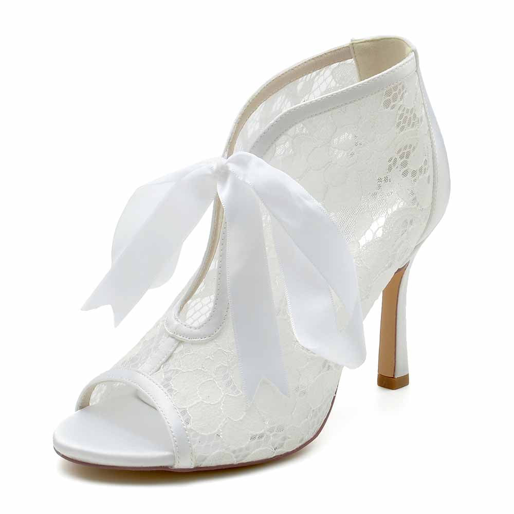 S&DCo. lace ribbon wedding shoes for bride with elegant lace design and open toe