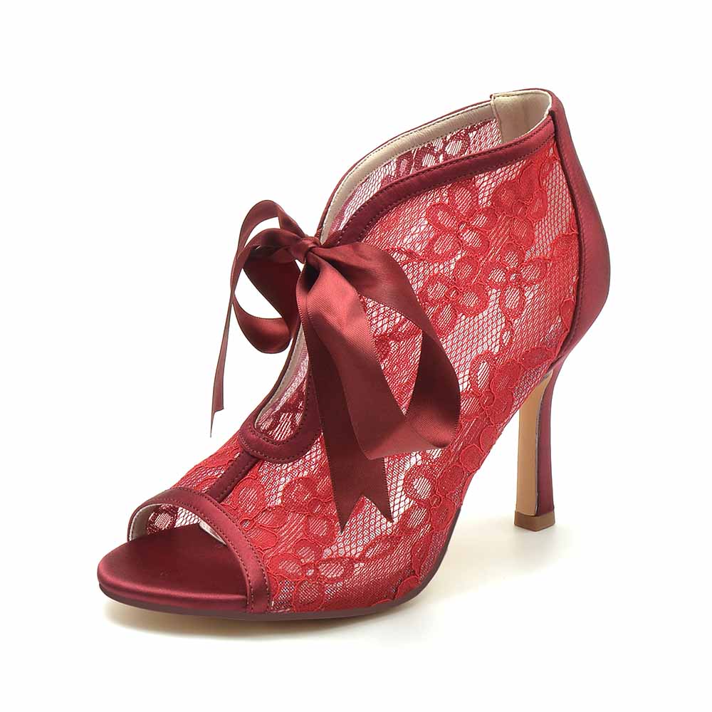 Red lace ribbon wedding shoes for bride with open toe and elegant design