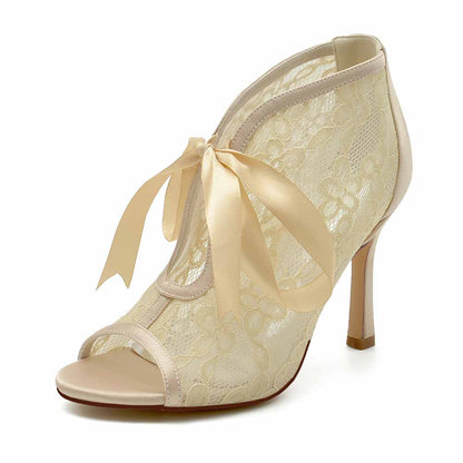 Elegant lace ribbon wedding shoes for bride with open toe and stiletto heel from S&DCo.