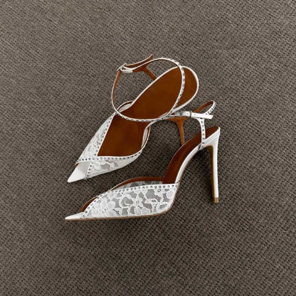 Rhinestone Peep Toe White Heeled Pumps Lace Wedding Shoes Bridal Shoes