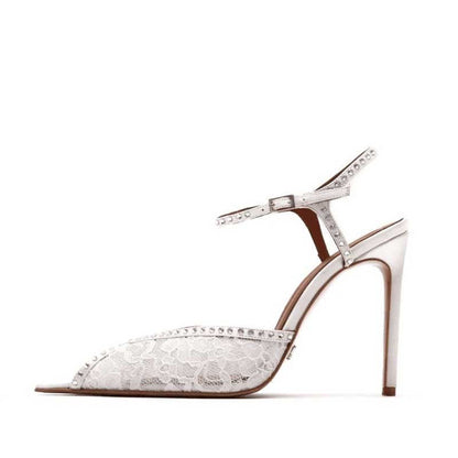 Rhinestone Peep Toe White Heeled Pumps Lace Wedding Shoes Bridal Shoes