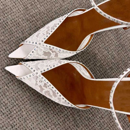 Rhinestone Peep Toe White Heeled Pumps Lace Wedding Shoes Bridal Shoes