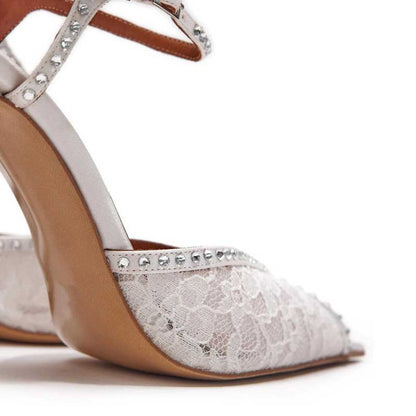 Rhinestone Peep Toe White Heeled Pumps Lace Wedding Shoes Bridal Shoes