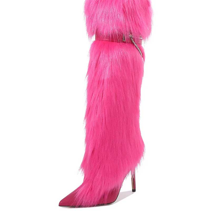 Stylish pink faux fur boots for women with high heels and trendy design