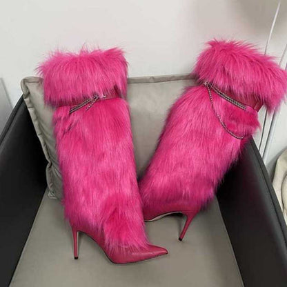 Trendy pink faux fur boots for women with stylish design and high heels