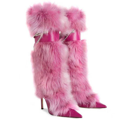 Stylish pink faux fur boots for women with high stiletto heels and a fun, trendy design