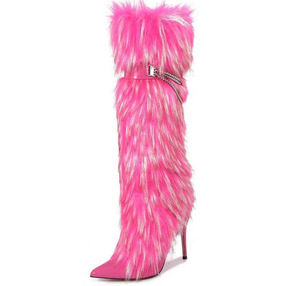 Pink faux fur boots for women with high heels and stylish fur design for a trendy look