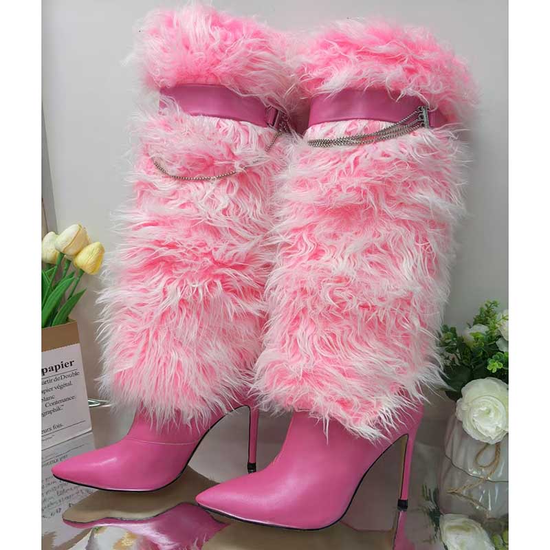 Trendy pink faux fur boots for women with stylish high heels and fluffy design