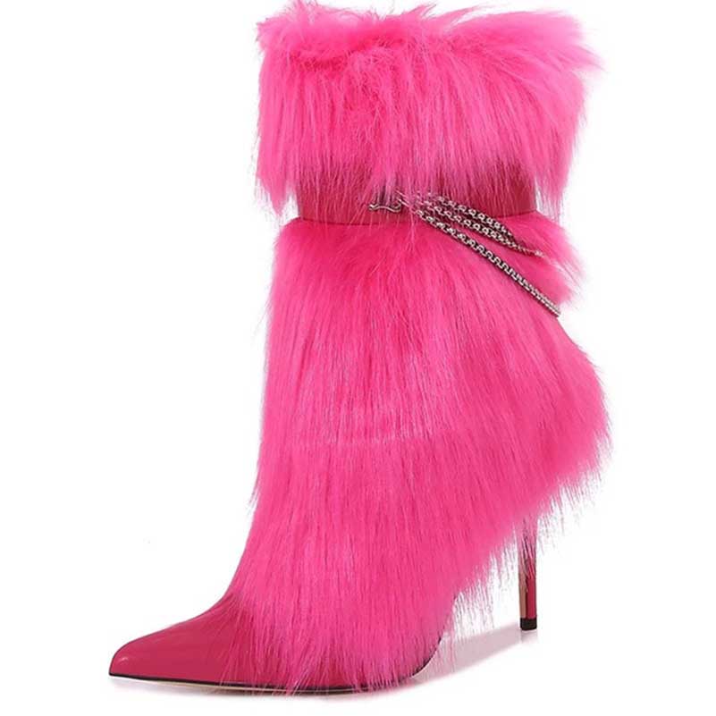 Stylish pink faux fur boots for women with a chic pointed toe and trendy design