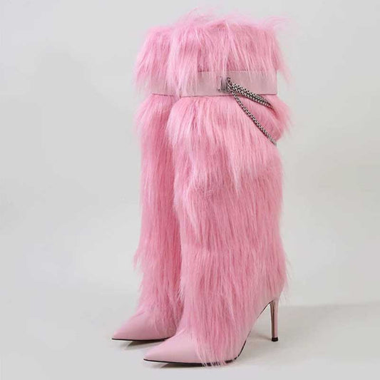 Pink faux fur boots for women with high heels and stylish design for trendy outfits