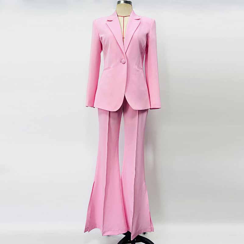 Stylish pink women's pantsuit for wedding featuring a tailored blazer and flared pants