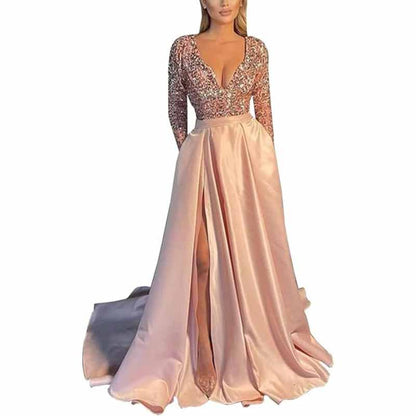 Sparkly Satin Wedding Dress with Pocket Long Sleeve Split Prom Gowns Winter Event Dress