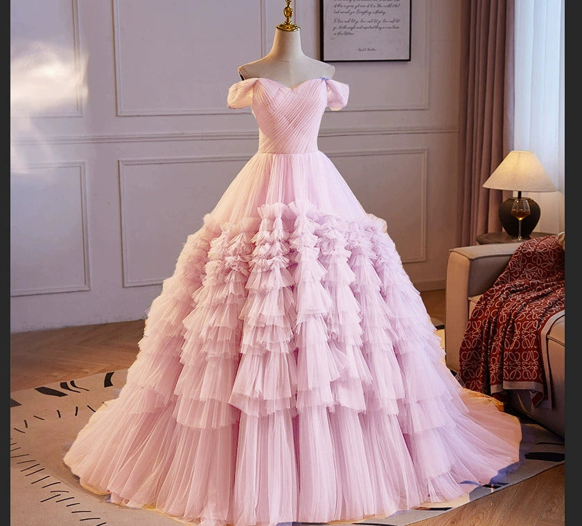 Off Shoulder Tulle Ruffle Prom Dress with Sweetheart Neckline