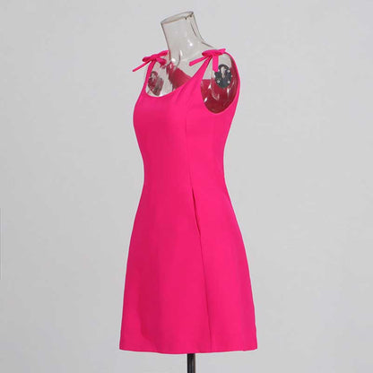 Sleeveless Pink A-Line Mini Dress With Bow Shoulder Straps