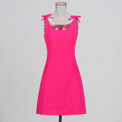 Sleeveless Pink A-Line Mini Dress With Bow Shoulder Straps